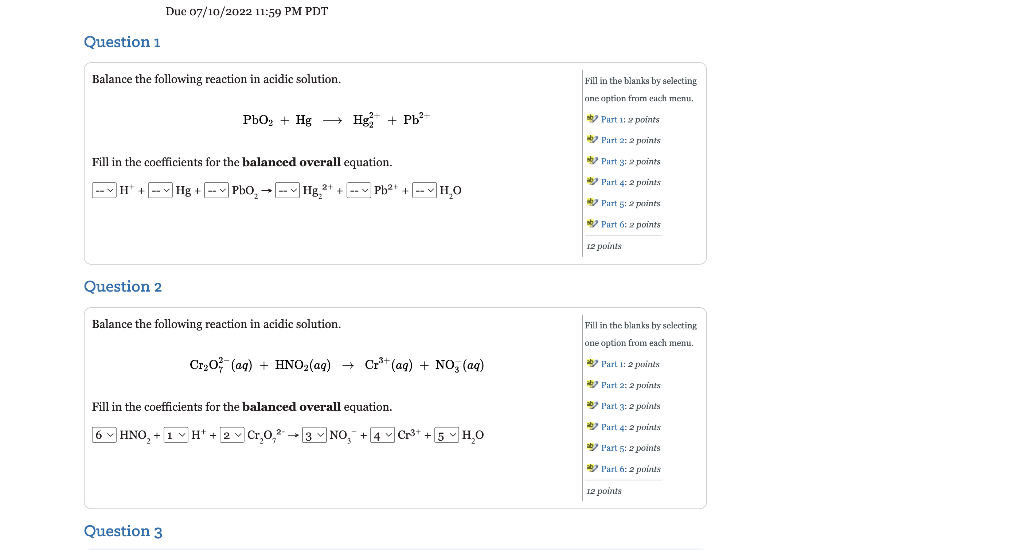 Question 3 Balance The Following Reaction In Basic Solution Fill In The Coefficients For The Balanced Overall Equation 2