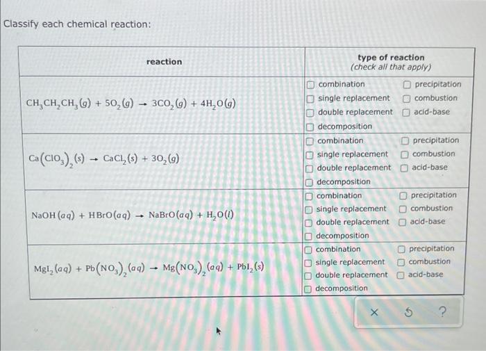 Classify Each Chemical Reaction Reaction Ch Ch Ch G 50 G 3co G 4h O G Ca Cio S Cacl S 30 G 4 1