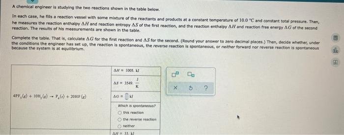A Chemical Engineer Is Studying The Two Reactions Shown In The Table Below In Each Case He Fills A Reaction Vessel Wit 1