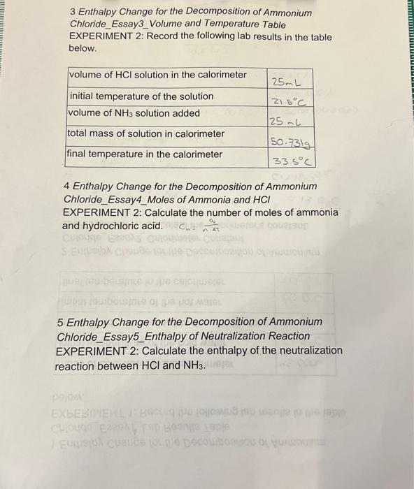 3 Enthalpy Change For The Decomposition Of Ammonium Chloride Essay3 Volume And Temperature Table Experiment 2 Record Th 1