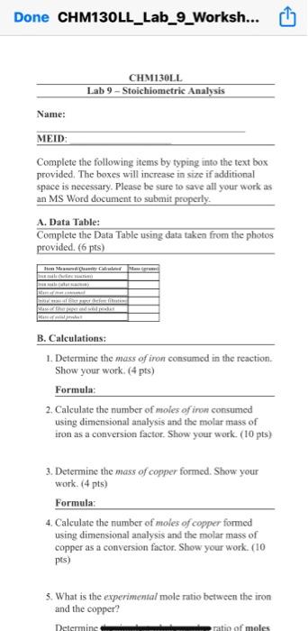 Done Chm130ll Lab 9 Worksh Name Chm130ll Lab 9 Stoichiometric Analysis Meid Complete The Following Items By Typing 1