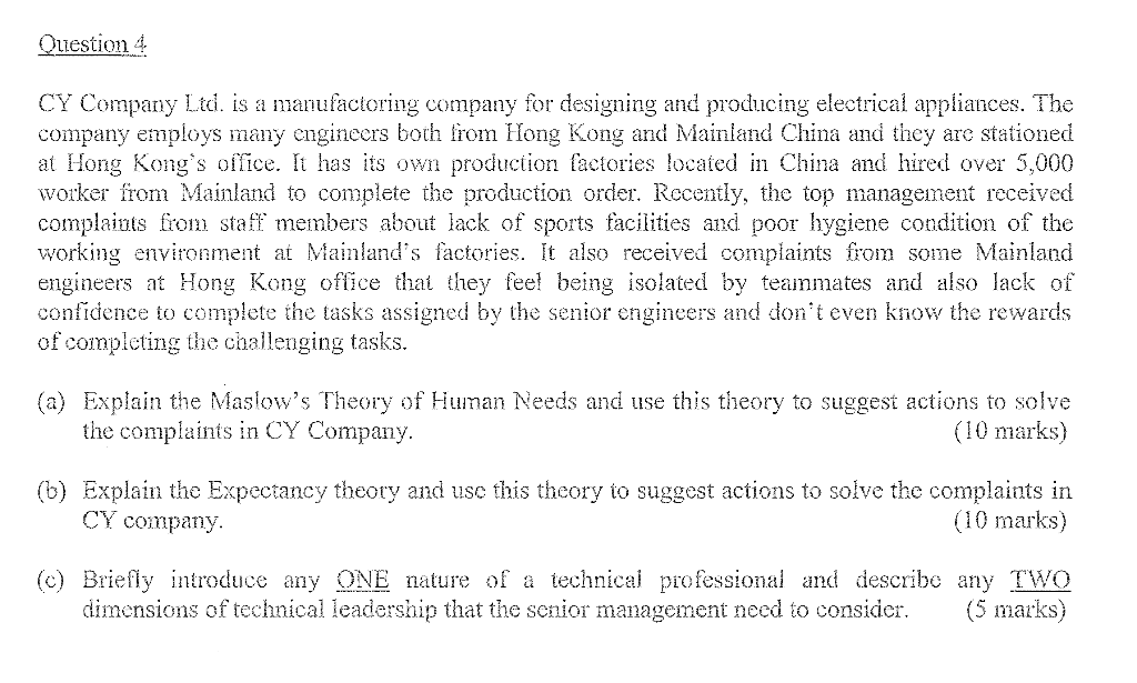 Question 4 Cy Company Ltd Is A Manufactoring Company For Designing And Producing Electrical Appliances The Company Emp 1
