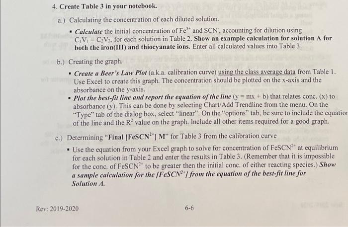 4 Create Table 3 In Your Notebook A Calculating The Concentration Of Each Diluted Solution Calculate The Initial 1