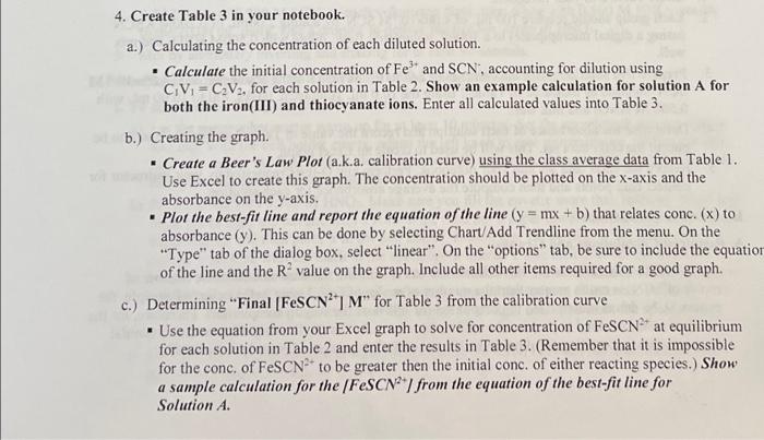 4 Create Table 3 In Your Notebook A Calculating The Concentration Of Each Diluted Solution Calculate The Initial 1