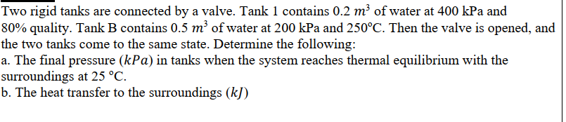 Two Rigid Tanks Are Connected By A Valve Tank 1 Contains 0 2 M Of Water At 400 Kpa And 80 Quality Tank B Contains 0 1
