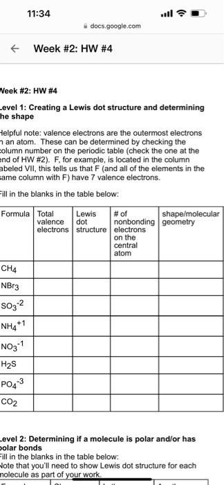 Week 11 34 2 Hw 4 Week 2 Hw 4 Level 1 Creating A Lewis Dot Structure And Determining He Shape Ch4 Nbr3 So3 2 1 D 1