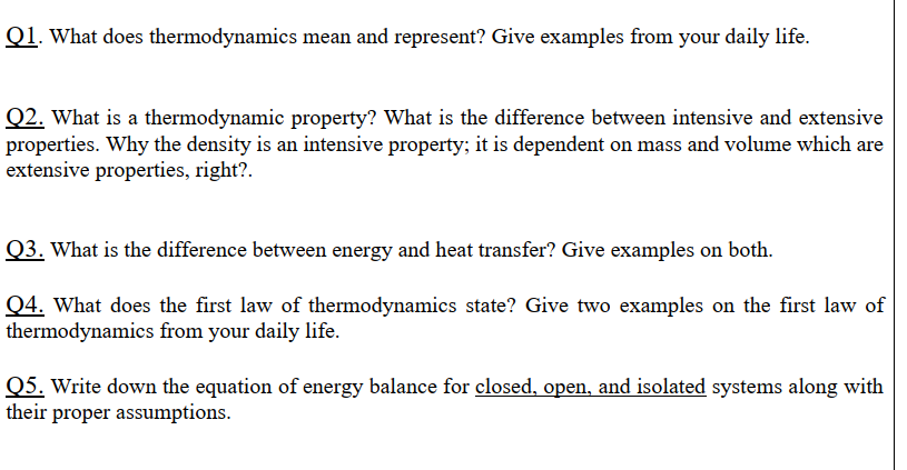 Q1 What Does Thermodynamics Mean And Represent Give Examples From Your Daily Life Q2 What Is A Thermodynamic Propert 1