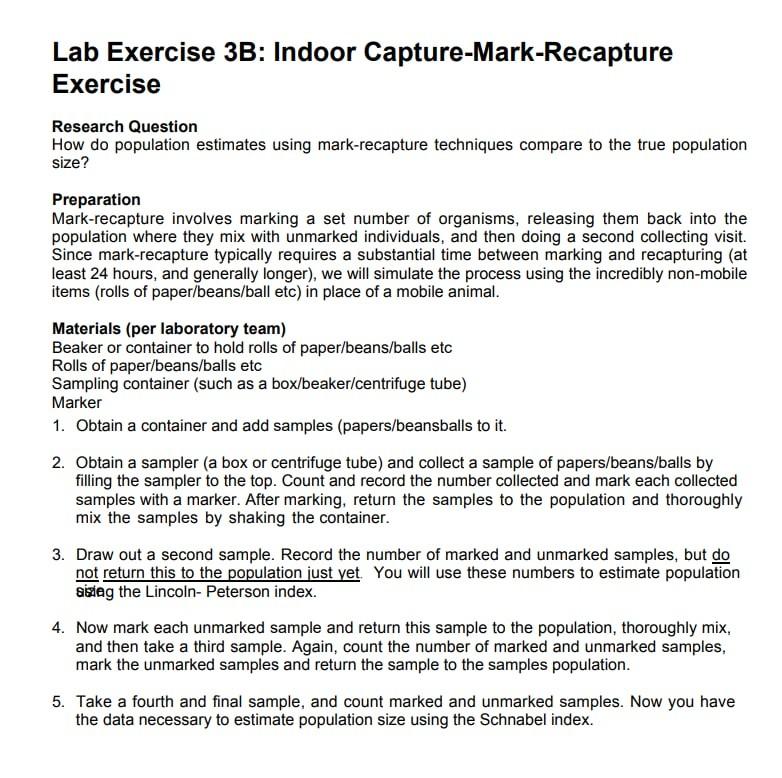 Lab Exercise 3b Indoor Capture Mark Recapture Exercise Research Question How Do Population Estimates Using Mark Recaptu 1