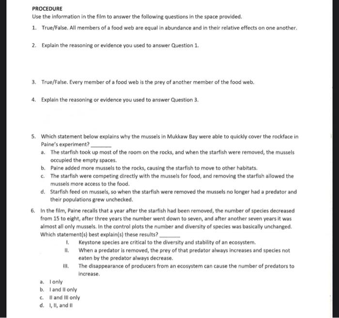 Procedure Use The Information In The Film To Answer The Following Questions In The Space Provided 1 True False All Me 1