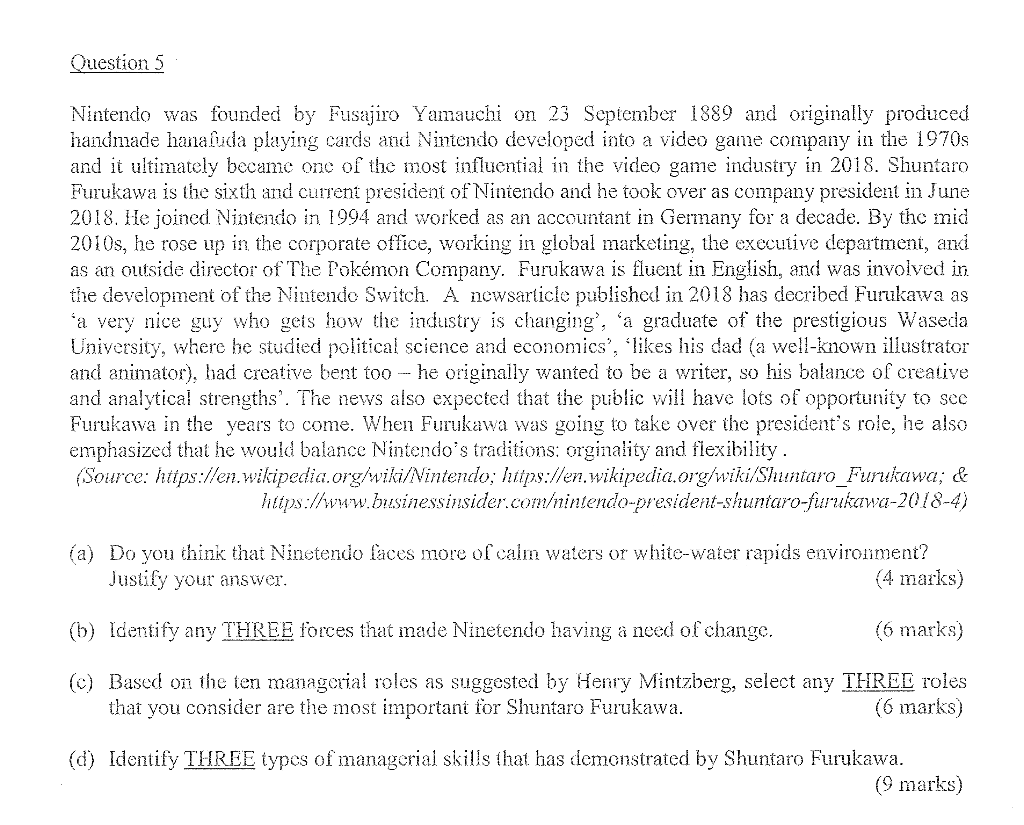 Question 5 Nintendo Was Founded By Fusajiro Yamauchi On 23 September 1889 And Originally Produced Handmade Hanasuda Play 1