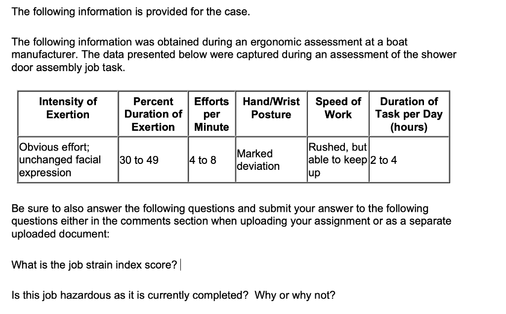 The Following Information Is Provided For The Case The Following Information Was Obtained During An Ergonomic Assessmen 1