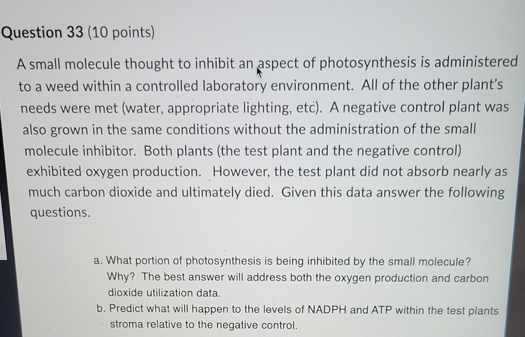 Question 33 10 Points A Small Molecule Thought To Inhibit An Aspect Of Photosynthesis Is Administered To A Weed Within 1