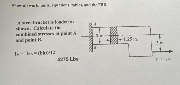 Show All Work Units Equations Tables And The Fbd A Steel Bracket Is Loaded As Shown Calculate The Combined Stresse 1