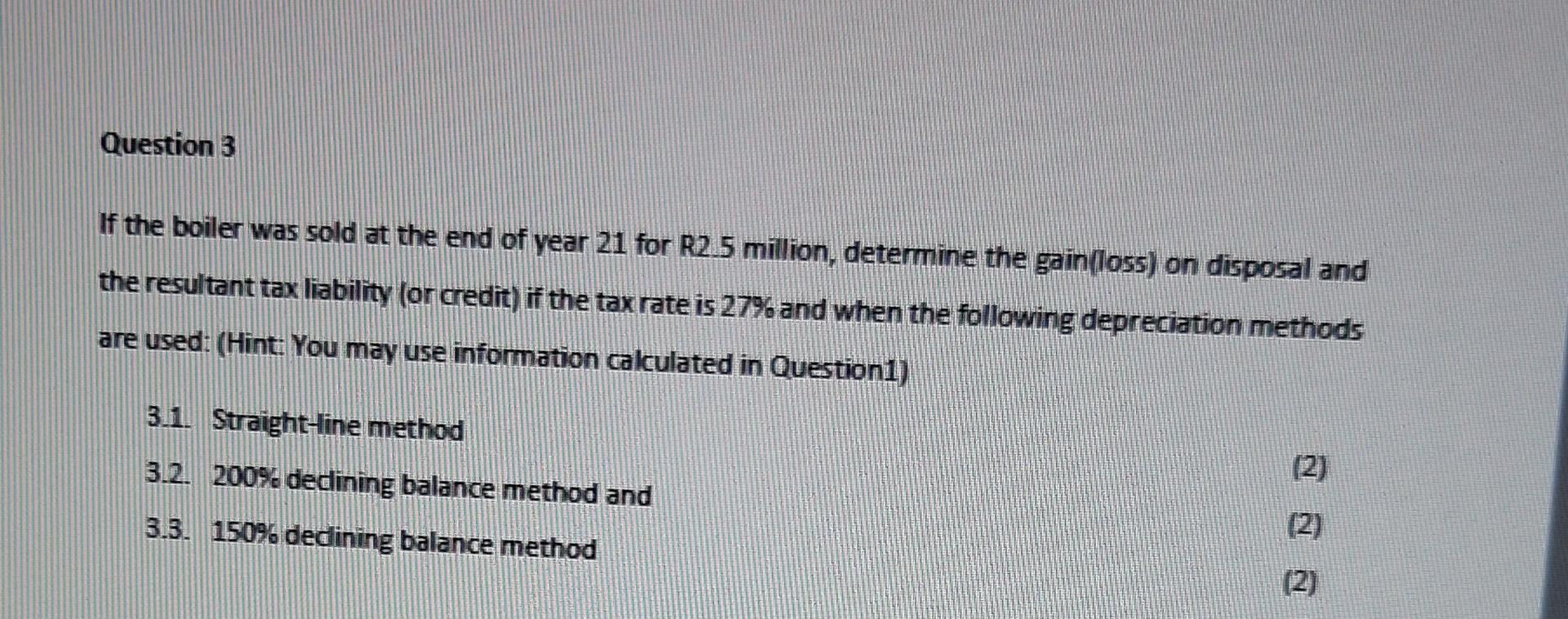 Question 3 If The Boiler Was Sold At The End Of Year 21 For R2 5 Million Determine The Gain Loss On Disposal And The R 1