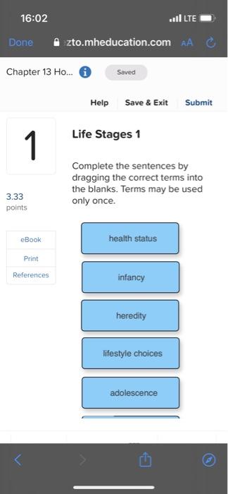 16 02 Done Chapter 13 Ho I Saved 1 3 33 Points Ebook Print References Zto Mheducation Com Aa Help Save Exit Health 1
