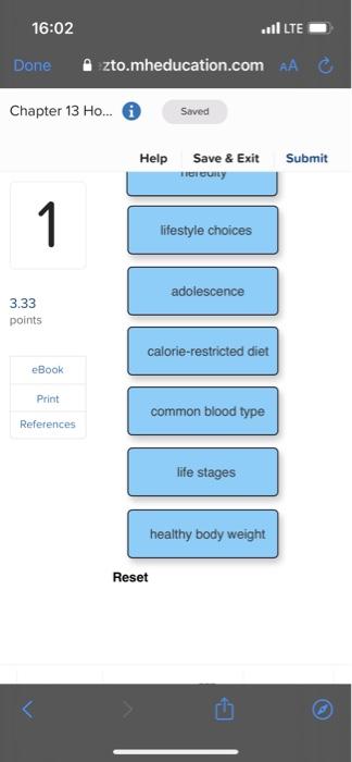 16 02 Done Chapter 13 Ho I Saved 1 3 33 Points Ebook Print References Zto Mheducation Com Aa Help Save Exit Health 2