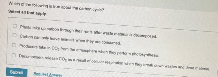 Which Of The Following Is True About The Carbon Cycle Select All That Apply Plants Take Up Carbon Through Their Roots 1