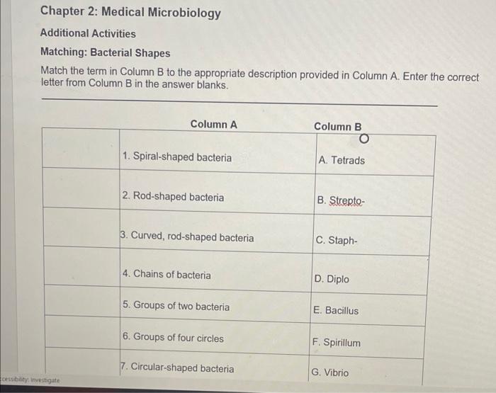 Chapter 2 Medical Microbiology Additional Activities Matching Bacterial Shapes Match The Term In Column B To The Appro 1