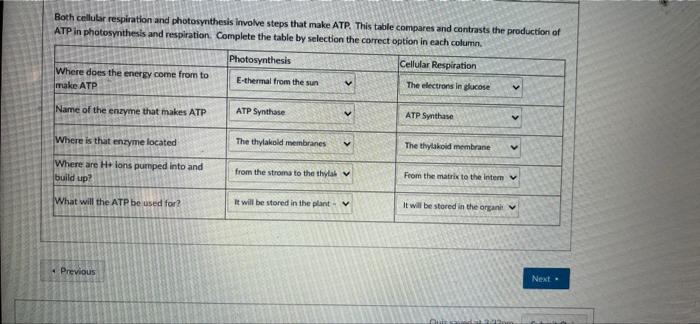 Both Cellular Respiration And Photosynthesis Involve Steps That Make Atp This Table Compares And Contrasts The Producti 1