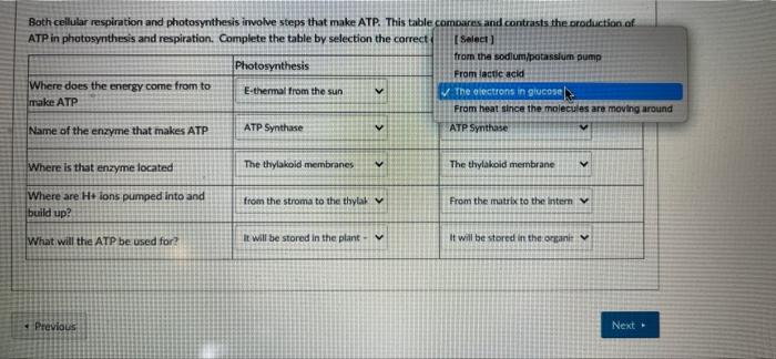 Both Cellular Respiration And Photosynthesis Involve Steps That Make Atp This Table Compares And Contrasts The Producti 3