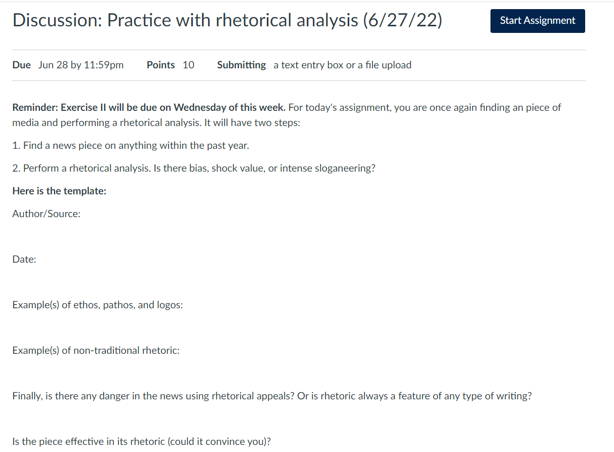 Discussion Practice With Rhetorical Analysis 6 27 22 Due Jun 28 By 11 59pm Points 10 Submitting A Text Entry Box Or A 1