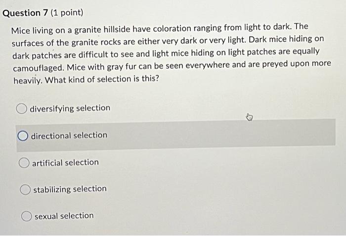 Question 15 1 Point Mice Living On A Granite Hillside Have Coloration Ranging From Light To Dark The Surfaces Of The 5