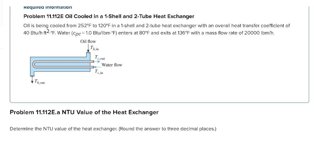 Required Inrormation Problem 11 112 E Oil Cooled In A 1 Shell And 2 Tube Heat Exchanger Oil Is Being Cooled From 252 F T 1