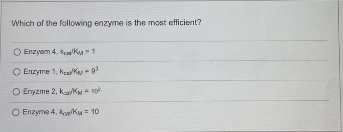 Which Of The Following Enzyme Is The Most Efficient O Enzyem 4 Kcat Km 1 O Enzyme 1 Kcat Km 93 Enyzme 2 Kcat Km 1