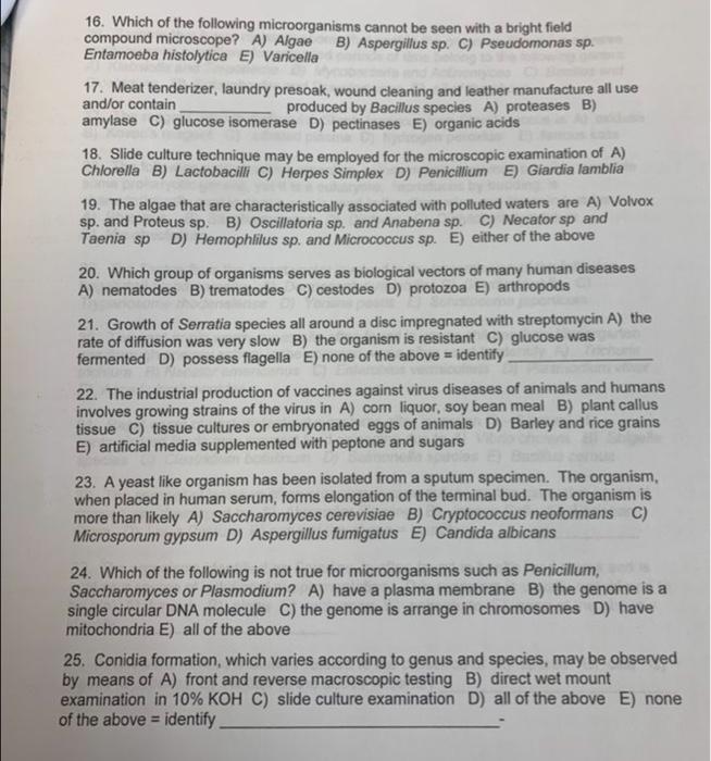 16 Which Of The Following Microorganisms Cannot Be Seen With A Bright Field Compound Microscope A Algae B Aspergillu 1