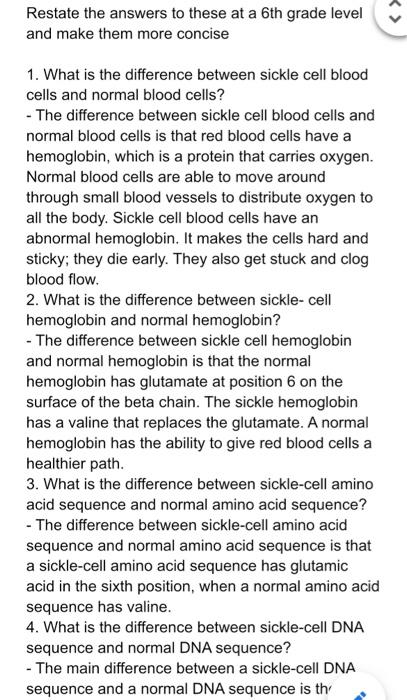 Restate The Answers To These At A 6th Grade Level And Make Them More Concise 1 What Is The Difference Between Sickle Ce 1