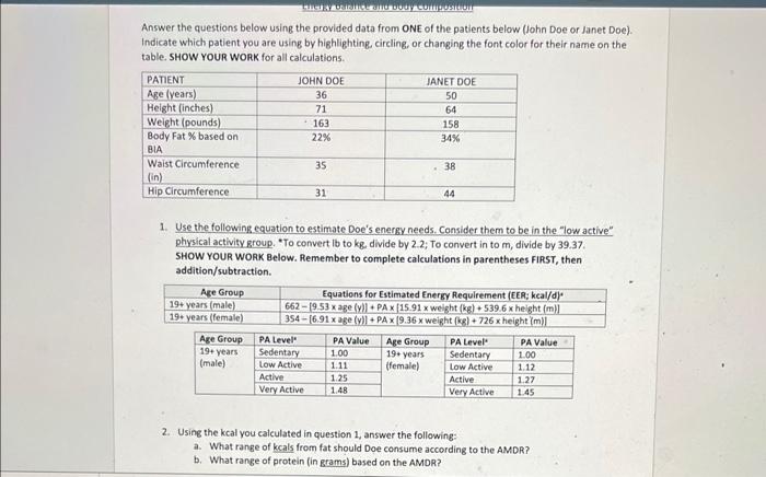 Circury Detalice And Body Composition Answer The Questions Below Using The Provided Data From One Of The Patients Below 1