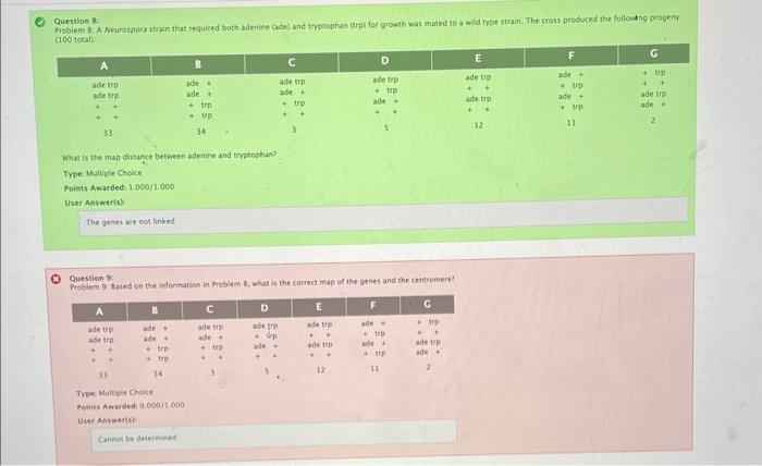 Question 8 Problem 8 A Neurospora Strain That Required Both Adenine Ade And Tryptophan Trp For Growth Was Mated To 1