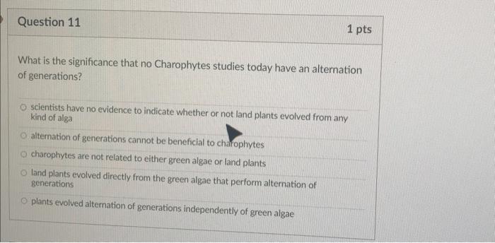 Question 11 1 Pts What Is The Significance That No Charophytes Studies Today Have An Alternation Of Generations O Scien 1