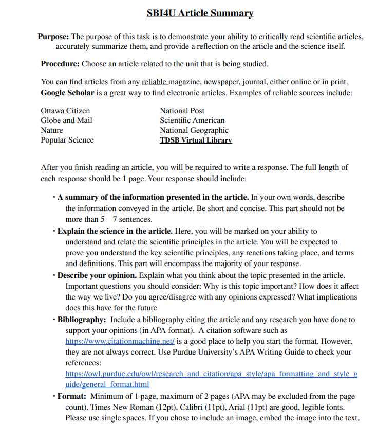 Sbi4u Article Summary Purpose The Purpose Of This Task Is To Demonstrate Your Ability To Critically Read Scientific Art 1