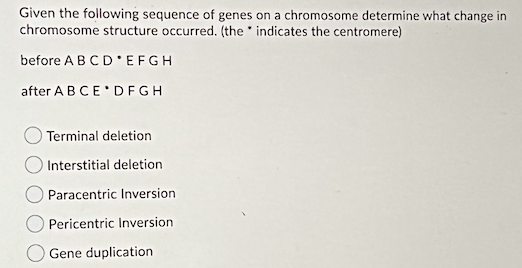 Given The Following Sequence Of Genes On A Chromosome Determine What Change In Chromosome Structure Occurred The Indic 1