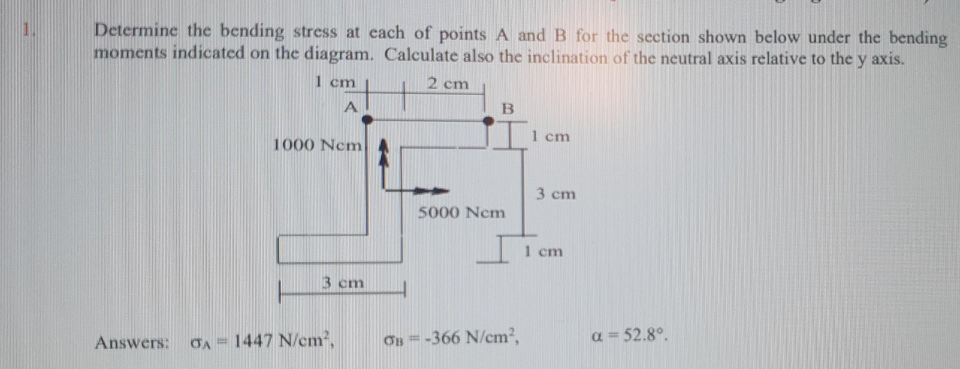 Determine The Bending Stress At Each Of Points A And B For The Section Shown Below Under The Bending Moments Indicated O 1