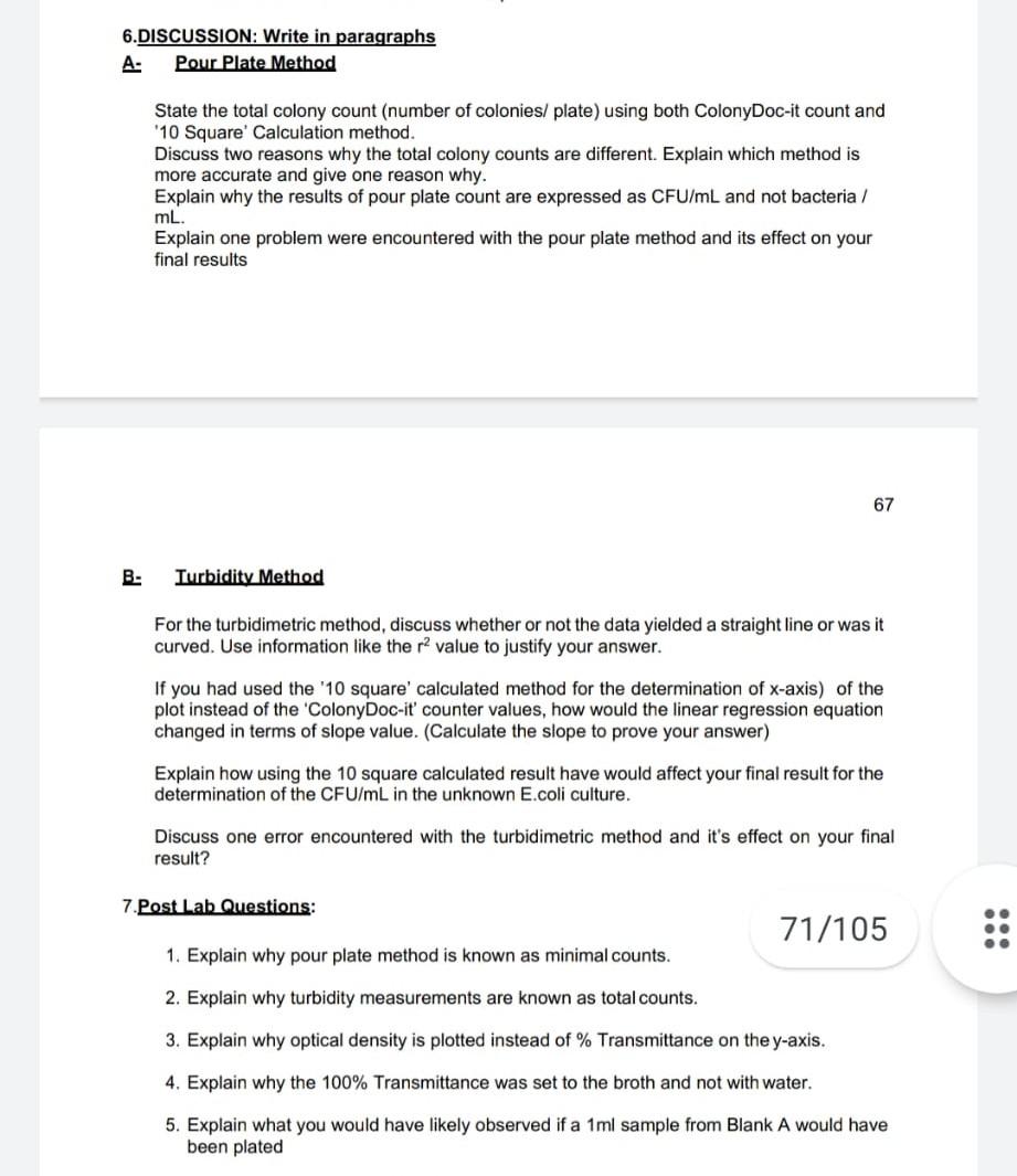 6 Discussion Write In Paragraphs Pour Plate Method A B State The Total Colony Count Number Of Colonies Plate Using 1