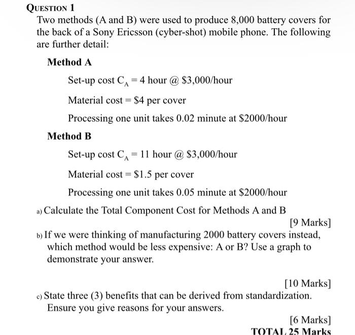 Question 1 Two Methods A And B Were Used To Produce 8 000 Battery Covers For The Back Of A Sony Ericsson Cyber Shot 1