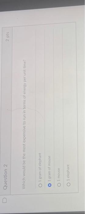 Question 2 Which Would Be The Most Expensive To Run In Terms Of Energy Per Unit Time O 1 Gram Of Elephant O 1 Gram Of 1
