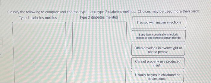 Classify The Following To Compare And Contrast Type 1 And Type 2 Diabetes Mellitus Choices May Be Used More Than Once 1
