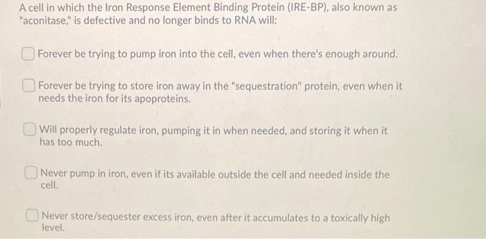 A Cell In Which The Iron Response Element Binding Protein Ire Bp Also Known As Aconitase Is Defective And No Longe 1