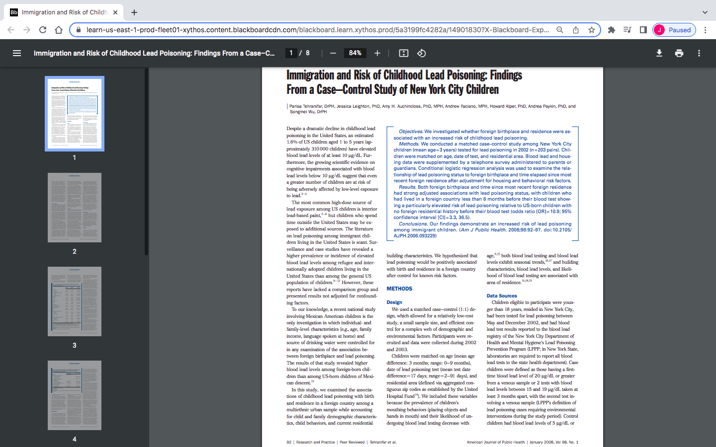 For The Following Questions Please Refer To The Posted Article Tehranifar Et Al 2008 Immigration And Risk Of Chil 1
