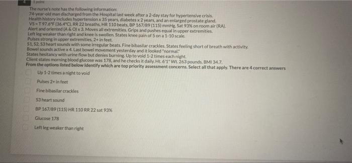 1 Pobu The Nurse S Note Has The Following Information 74 Year Old Man Discharged From The Hospital Last Week After A 2 1