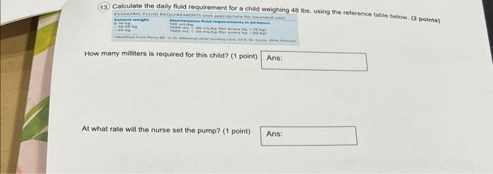 13 Calculate The Daily Fluid Requirement For A Child Weighing 48 Lbs Using The Reference Table Below 2 Points Pedia 1