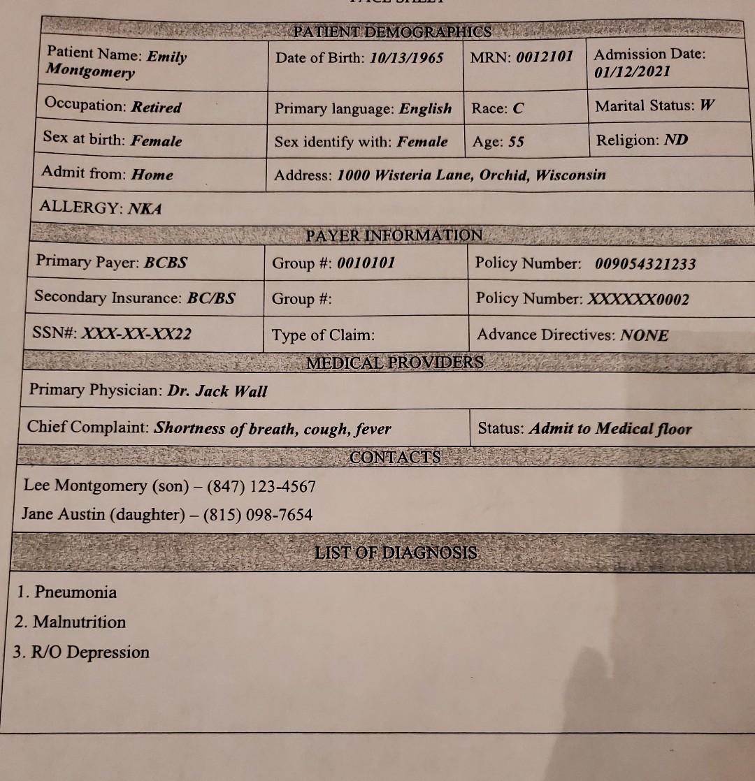 Patient Name Emily Montgomery Occupation Retired Sex At Birth Female Admit From Home Allergy Nka Primary Payer Bcb 1