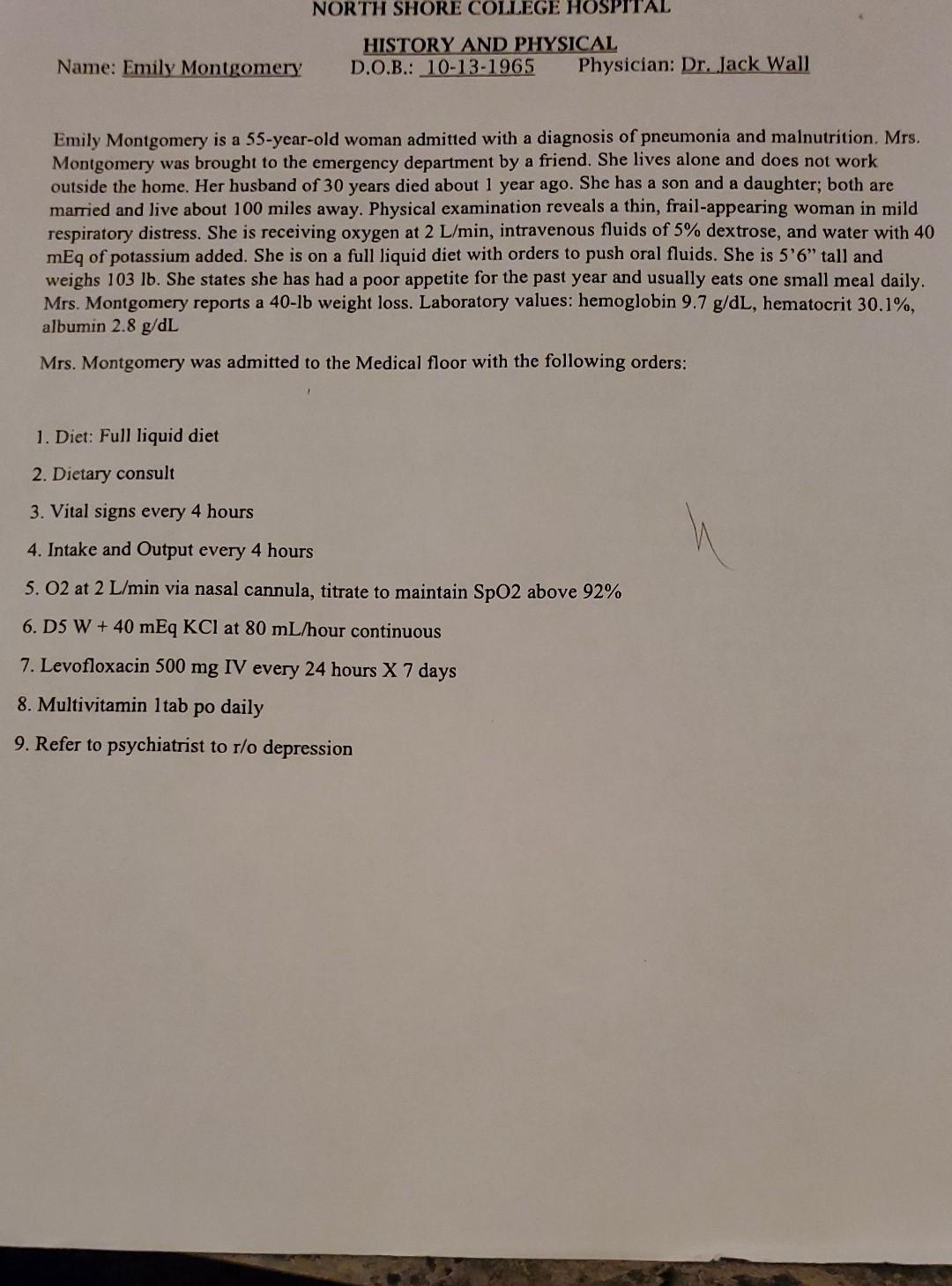 Patient Name Emily Montgomery Occupation Retired Sex At Birth Female Admit From Home Allergy Nka Primary Payer Bcb 2