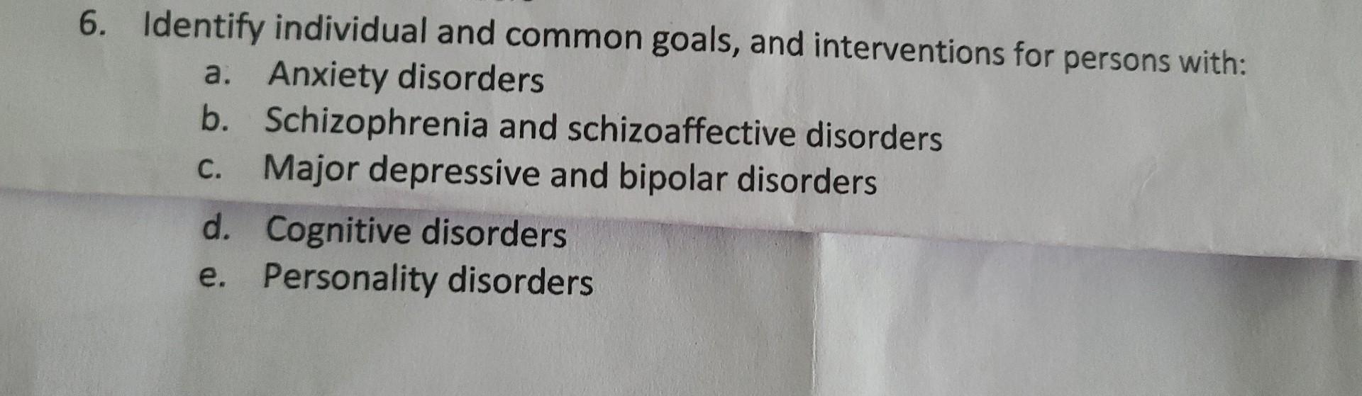 6 Identify Individual And Common Goals And Interventions For Persons With A Anxiety Disorders B Schizophrenia And S 1