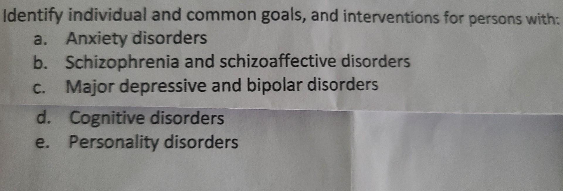 Identify Individual And Common Goals And Interventions For Persons With A Anxiety Disorders B Schizophrenia And Schi 1