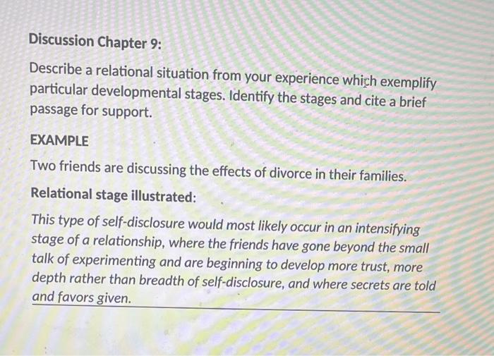 Discussion Chapter 9 Describe A Relational Situation From Your Experience Which Exemplify Particular Developmental Stag 1