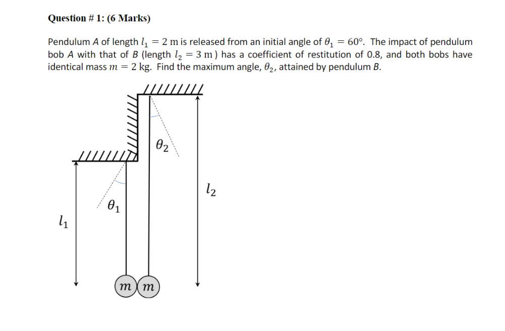Question 1 6 Marks Pendulum A Of Length Ly 2 M Is Released From An Initial Angle Of 81 60 The Impact Of Pendulu 1